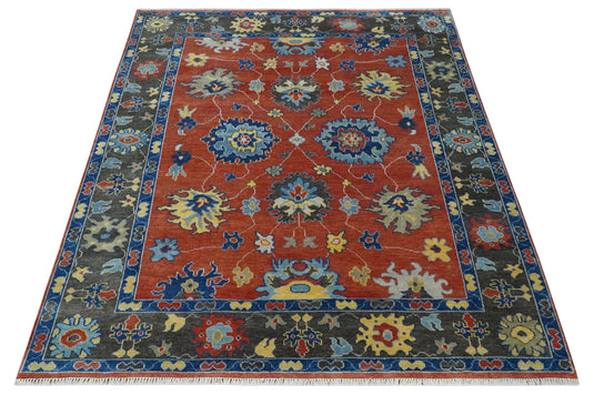 Hand Knotted Traditional Oushak Colorful Rug Rust, Blue and Charcoal 8x10 ft Ideal for Living, Bedroom, and Dining Rooms | CP1903810S