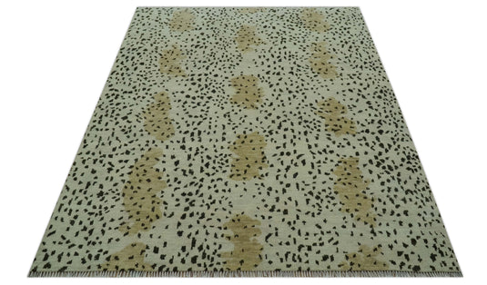 Leopard Print Ivory, Olive And Charcoal Hand Knotted 8x10 ft Wool Rug Ideal for Living, Bedroom And Dining Rooms