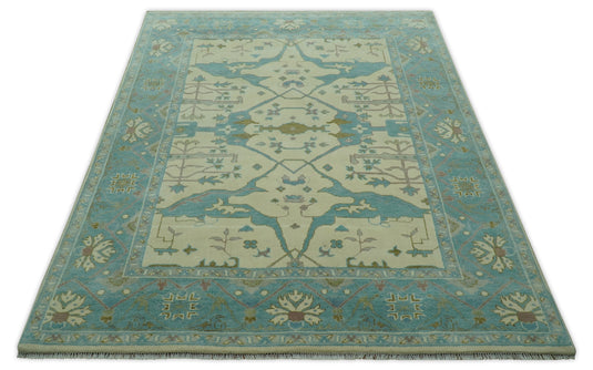 Custom Made Traditional Oushak Ivory, Aqua, And Gray Hand Knotted Wool Area Rug