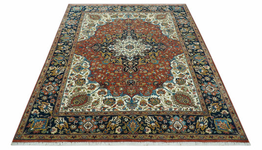 Hand Knotted Black, Rust, Ivory, Gold And Blue Heriz Serapi Wool Rug 8x10 ft Ideal for Living, Bedroom And Dining Rooms | CP2444810