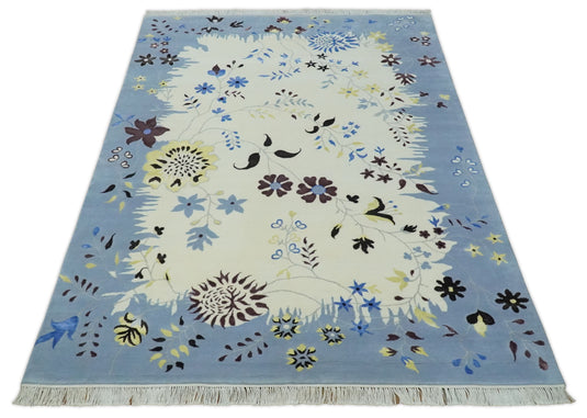 Floral Pattern Ivory, Light Blue, Brown And Charcoal Hand Knotted 6.6x10 ft Bedroom, Living Room Rug Wool Area Rug
