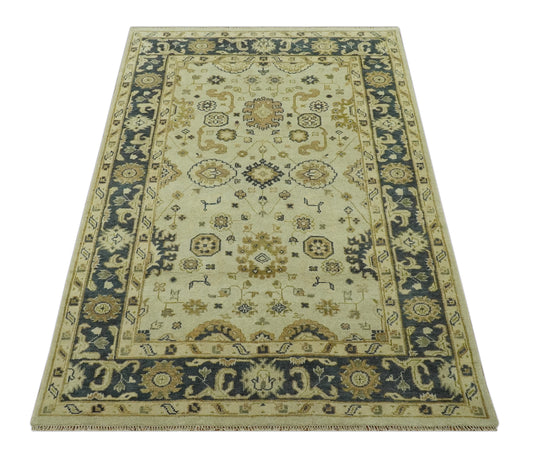 Hand Knotted Cream, Beige And Charcoal Traditional Wool Rug 6x9 ft Ideal for Living, Bedroom And Dining Rooms | CP239469
