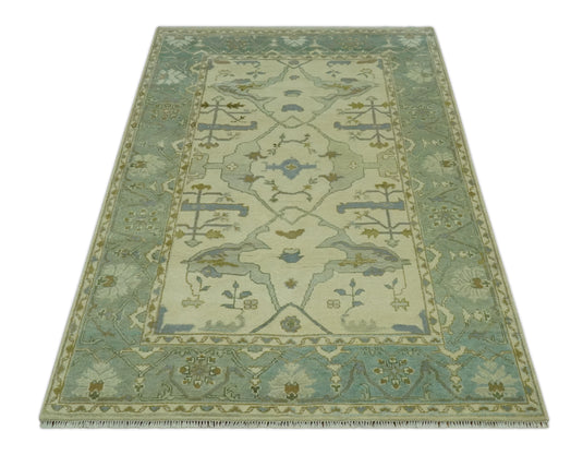 Custom Made Hand Knotted Sage Green, Beige, Gray And Green Oriental Oushak Wool Area Rug