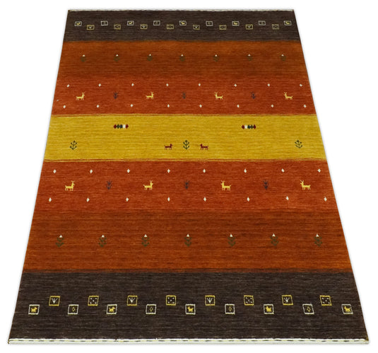Gold, Rust, Brown And Charcoal Lori Gabbeh Handloomed 4.6x6.6 ft Bedroom, Living Room Rug Wool Area Rug