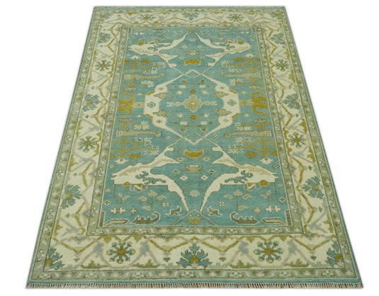 Hand Knotted Oriental Oushak Aqua, Olive And Ivory Rug 6x9 ft Ideal for Living, Bedroom And Dining Rooms | CP38345