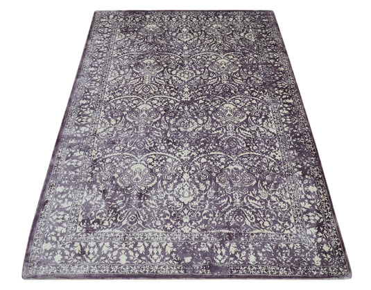 Traditional Floral Purple And Ivory Handloom 5.6x8 ft Bedroom, Living Room Rug Wool And Viscose Area Rug