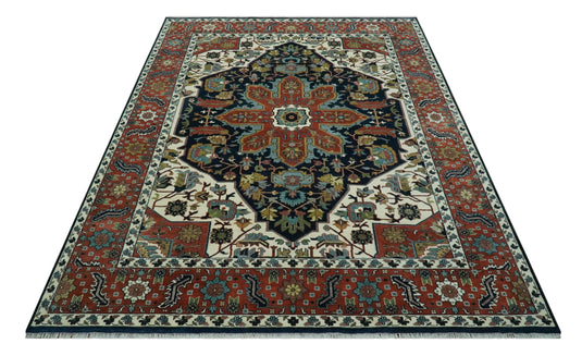 Hand Knotted Ivory, Black And Rust Traditional Floral Wool Rug 9x12 ft Ideal for Living, Bedroom And Dining Rooms | CP2471912