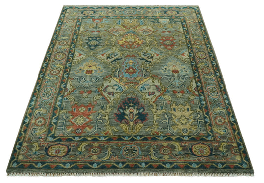 Hand Knotted Green, Gray, Teal And Rust Traditional Oushak Wool Rug 8x10 ft Ideal for Living, Bedroom And Dining Rooms