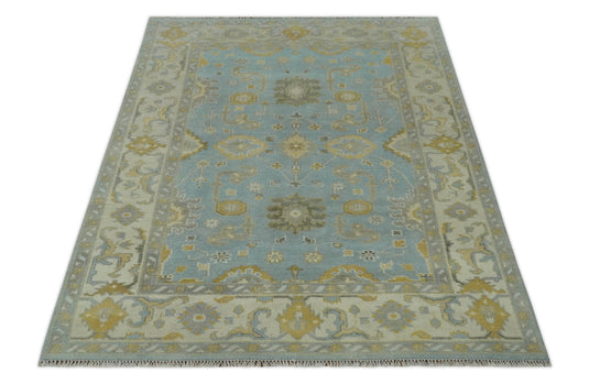Custom Made Hand Knotted Traditional Oushak Blue, Beige, Gray And Gold Wool Area Rug