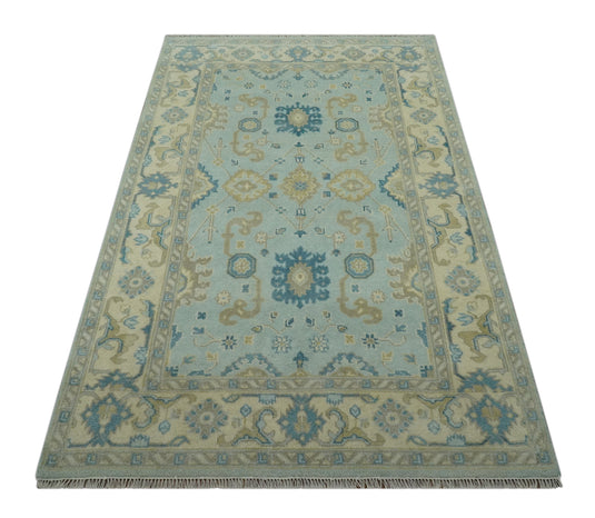 Custom Made Hand Knotted Traditional Pattern Blue And Beige Wool Area Rug