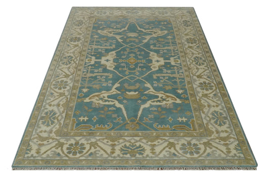 Custom Made Hand Knotted Classic Oushak Beige, Ivory And Dark Teal Wool Area Rug
