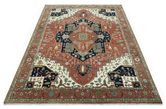 Hand Knotted Traditional Heriz Rust, Black, Blue And Ivory Wool Rug 9x12 ft Ideal for Living, Bedroom And Dining Rooms | CP1959912