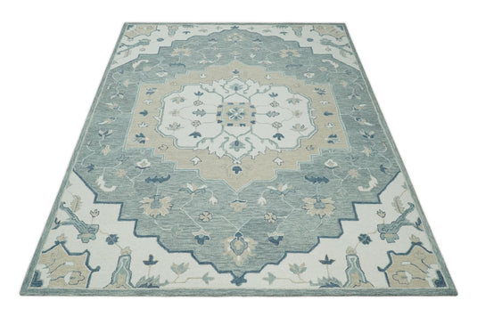 Traditional Medallion Gray And Ivory Hand Tufted Wool Area Rug- (FC)