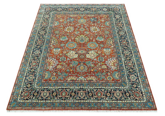 Hand Knotted Traditional Floral Rust, Blue, Black, Olive And Gold Wool Rug 8x10 ft Ideal for Living, Bedroom And Dining Rooms | CP2433810