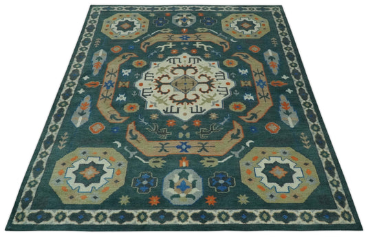 Central Medallion Teal, Beige, Olive And Blue Hand Knotted 8x10 ft wool Area Rug
