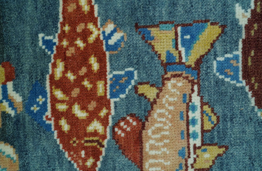 Fish Motif Teal, Brown And Beige Hand knotted Wool Rug 2x3 ft Ideal for Living, Bedroom And Dining Rooms