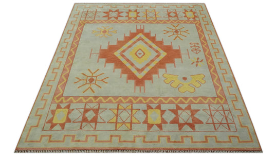 Southwestern Peach, Silver And Yellow Hand knotted Wool Rug 8x10 ft Ideal for Living, Bedroom And Dining Rooms