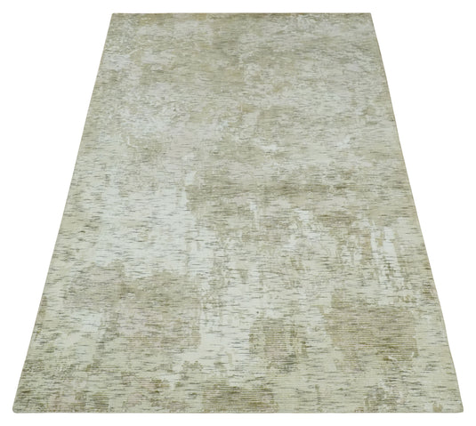 Modern Abstract Olive Green, Ivory And Charcoal Handloom 5x8 ft Bedroom, Living Room Rug Wool And Viscose Area Rug