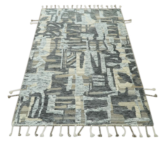 Modern Abstract Brown, Ivory, Beige and Charcoal Hand Knotted 5x8 ft Bedroom, Living Room Rug Wool Area Rug