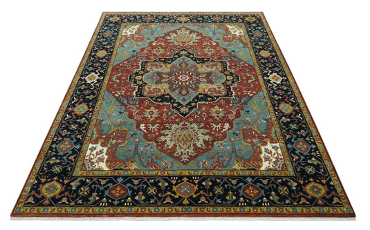 Hand Knotted Traditional Central Medallion Red, Aqua, brown, Black And Olive Wool Rug 9x12 ft Ideal for Living, Bedroom And Dining Rooms | CP986912