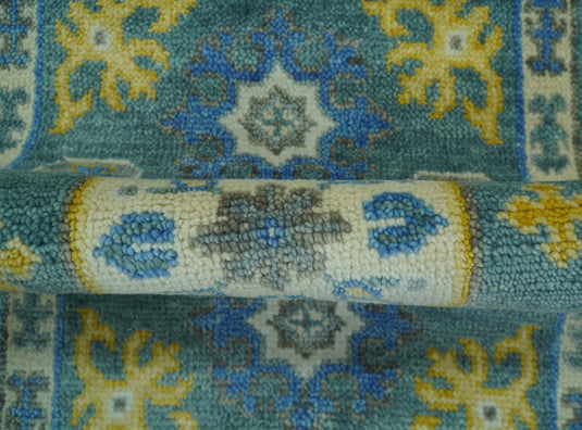 Octagonal Medallion Blue, Gold, Teal And Ivory Hand knotted Wool Rug 2x3 ft Ideal for Living, Bedroom And Dining Rooms