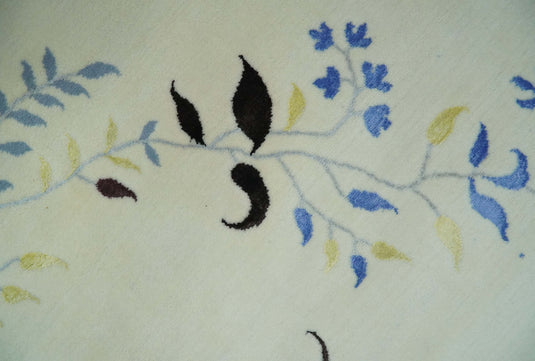 Floral Pattern Ivory, Light Blue, Brown And Charcoal Hand Knotted 6.6x10 ft Bedroom, Living Room Rug Wool Area Rug