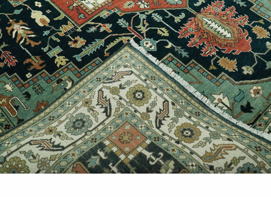 Hand Knotted Traditional Heriz Brown, Black, Blue And Ivory Serapi Wool Rug 9X12 ft Ideal for Living, Bedroom And Dining Rooms | CP2441912