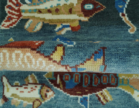 Fish Motif Teal, Brown And Beige Hand knotted Wool Rug 2x3 ft Ideal for Living, Bedroom And Dining Rooms