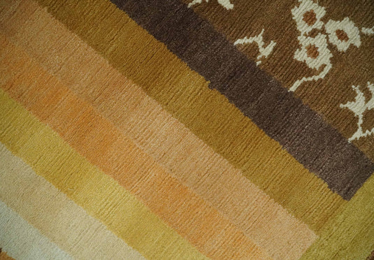 Modern Geometrical Floral pattern Hand Knotted Brown, Beige, Ivory and Olive 6x8 ft Bedroom, Living Room Rug Wool Area Rug