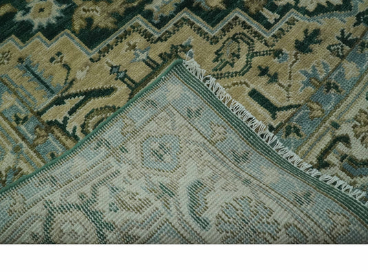 Green, Beige And Ivory Traditional Heriz Hand Knotted Wool Rug 8x10 ft Ideal for Living, Bedroom And Dining Rooms