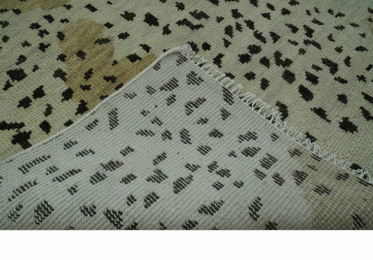 Leopard Print Ivory, Olive And Charcoal Hand Knotted 8x10 ft Wool Rug Ideal for Living, Bedroom And Dining Rooms