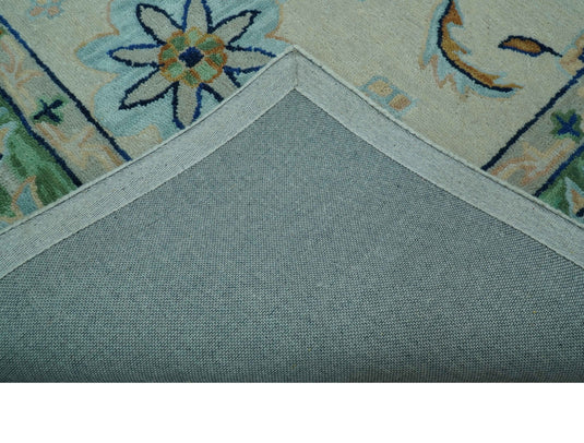 Custom Made Ivory, Green And Blue Floral Motifs Hand Tufted Wool Area Rug