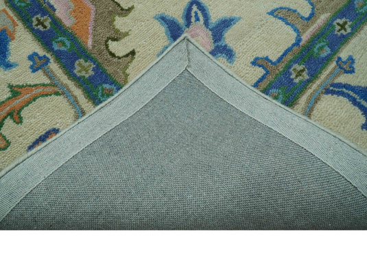 Custom Made Beige And Blue Traditional Floral Motifs Hand Tufted Wool Area Rug