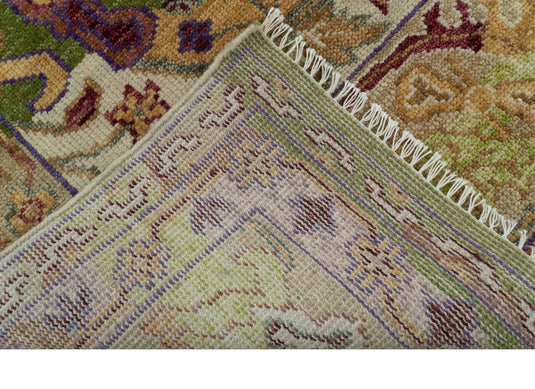 Custom Made Transition Hand Knotted Green, Gold And Ivory Wool Area Rug