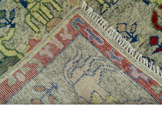 Folk Art Green, Beige, Blue And Rust Hand Knotted 8x10 ft Wool Rug Ideal for Living, Bedroom And Dining Rooms