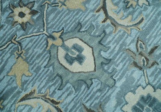 Traditional Floral Aqua, Gray and Beige Hand Tufted 8x10 ft Bedroom, Living Room Rug Wool Area Rug