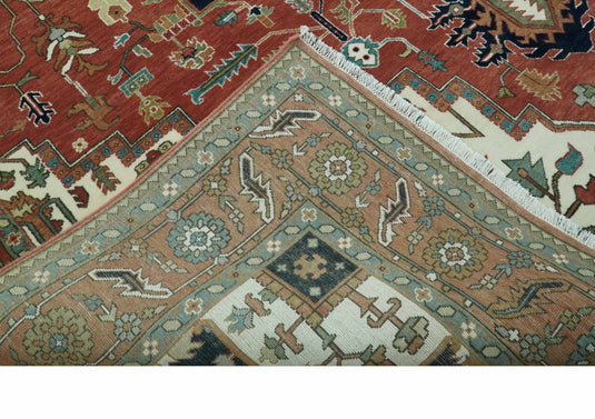 Hand Knotted Traditional Heriz Rust, Black, Blue And Ivory Wool Rug 9x12 ft Ideal for Living, Bedroom And Dining Rooms | CP1959912