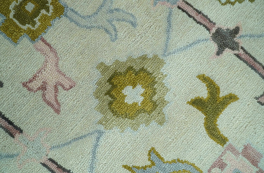 Custom Made Traditional Floral Oushak Cream, Olive And Peach Hand Tufted Wool Area Rug