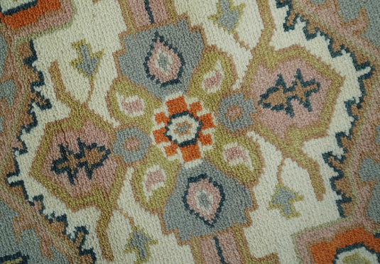 Traditional Medallion Pattern Ivory, Brown, Gray and Olive Hand Knotted 8x10 ft wool Area Rug