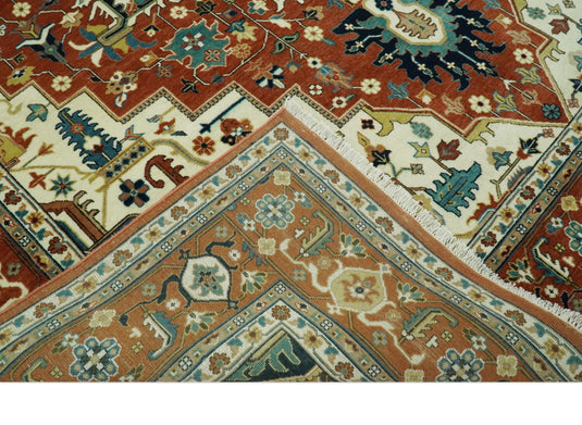 Hand Knotted Traditional Herati Maroon, Cream, Teal And Beige Wool Rug 9X12 ft Ideal for Living, Bedroom And Dining Rooms | CP2447912