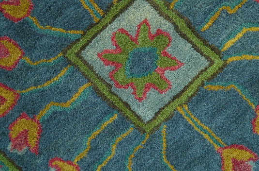 Traditional Floral And Botanical Pattern Green, Blue And Yellow Hand Tufted 8x10 ft Bedroom, Living Room Rug Wool Area Rug
