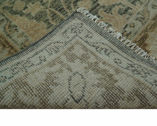 Custom Made Antique Traditional Hand Knotted Green, Brown And Beige Wool Area Rug