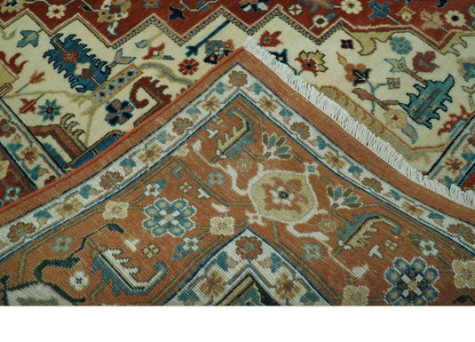 Hand Knotted Rust, Ivory And Teal Traditional Heriz Wool Rug 8x10 ft Ideal for Living, Bedroom And Dining Rooms