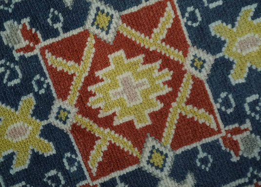 Tribal Pattern Rust, Blue and Silver Hand Knotted 8x10 ft wool Area Rug