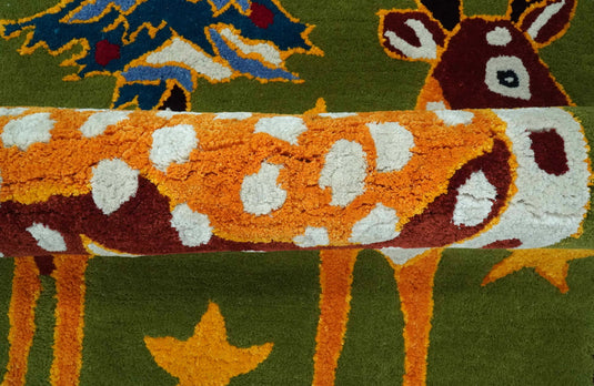 Reindeer Green, Gold And Brown Hand Tufted 2x3 ft Bedroom, Kids Room Rug Wool Area Rug