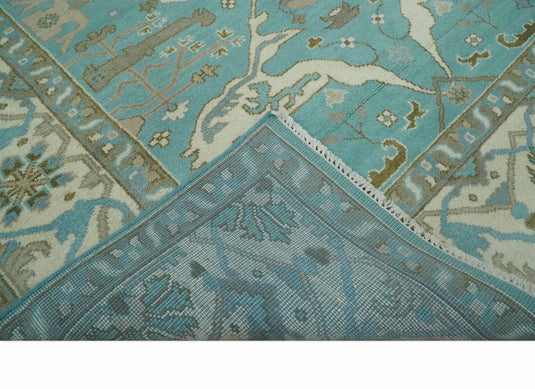 8x10 Aqua, Ivory and Charcoal Hand Knotted Oriental Oushak Wool Area Rug