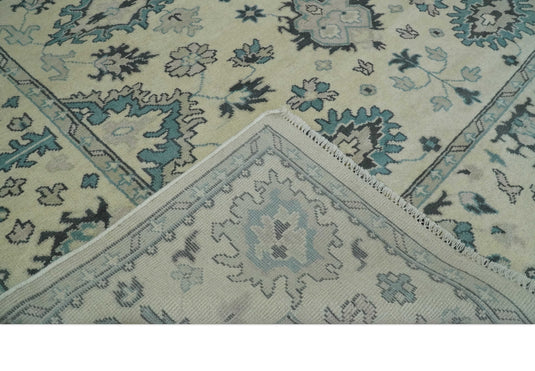 Traditional 8x10 Beige and Blue Hand Knotted Oriental Oushak Wool Area Rug