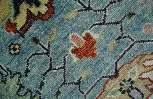 Vibrant Colorful Blue and Ivory Traditional Floral Hand knotted 9x12 Oushak wool Rug