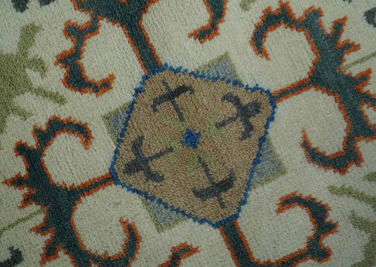 Central Medallion Teal, Beige, Olive And Blue Hand Knotted 8x10 ft wool Area Rug