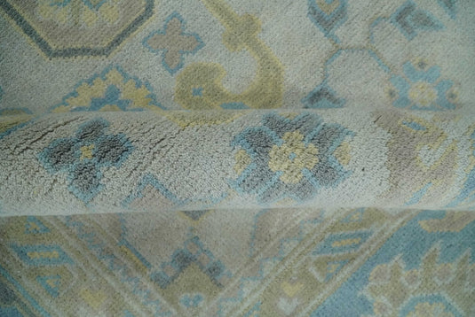 Traditional Persian Floral Oushak Hand knotted Ivory, Blue and Beige 8x10 wool Area Rug